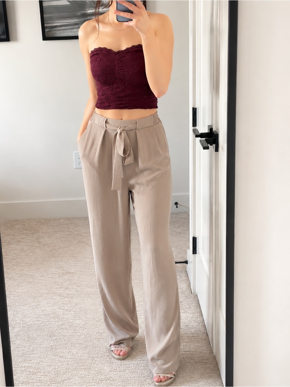Zara Beige Tie Waist Wide Leg Pants Small